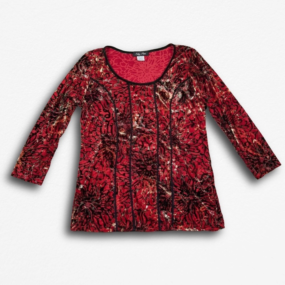 Only Nine Vintage Red Burnout Velvet Top Y2K 90s Floral Metallic Medium